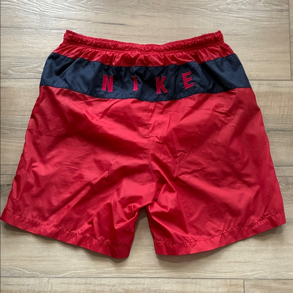 Vintage Nike Men's Red and Black Swim Trunks with Pockets Size M